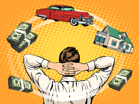 Business dreams buyer home car income money pop art retro style. Finance and budget. Lendingのイラスト素材