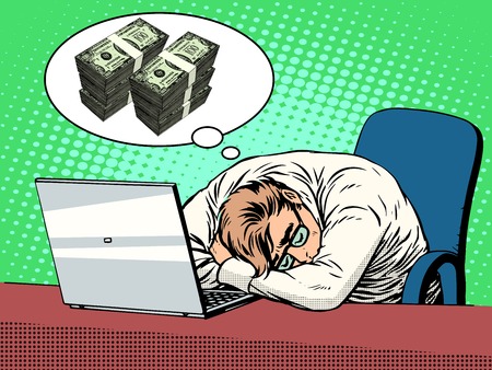 Businessman dreams of money pop art retro style. The employee fell asleep at the laptop. Fatigue and laziness. Empty dreamsのイラスト素材
