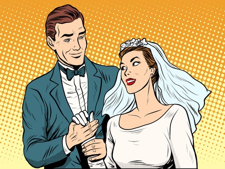 Wedding betrothal engagement groom bride love pop art retro style. Couple man and woman in wedding attire. Romance and feelingsのイラスト素材