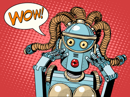 Wow beautiful woman robot pop art retro style. Unexpected news. Technology and progress. The invention and gadgets. Womens emotions. Humanoid robotのイラスト素材
