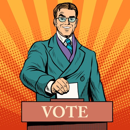 Candidate votes at the elections pop art retro style. Male politician at a polling station. The voice of men. The voter at the ballot boxのイラスト素材