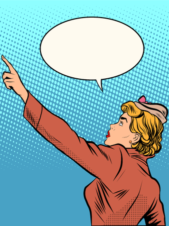 Woman looking up pop art retro style. Retro girl is pointing upward. Vector image of women. Beautiful womanのイラスト素材