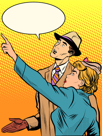 Couple man and woman looking up pop art retro style. Retro people. The reaction of the audience. Surprise and emotionsのイラスト素材