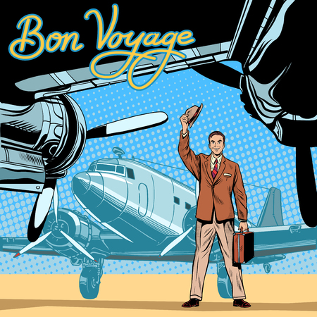 Businessman meets or accompanies departure aircraft pop art retro style. Pleasant meeting. Retro journey. Business tripのイラスト素材