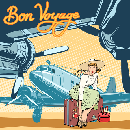 Bon voyage beautiful girl on the runway pop art retro style. Retro poster travel. Lady travelerのイラスト素材
