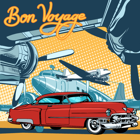 Retro red car on the runway pop art retro style. The private plane. Travel and tourism. Retro transportのイラスト素材