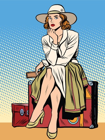 retro girl passenger with a ticket pop art retro style. The hours of waiting. Passenger trip journey tour. The ticket for the transportのイラスト素材