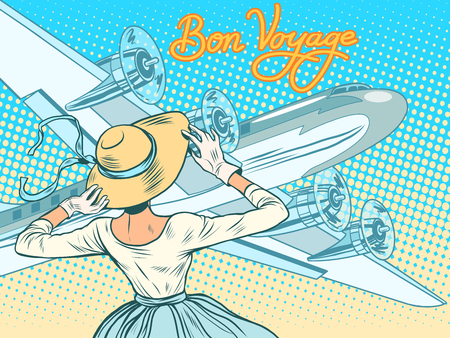 Bon voyage girl escorts aircraft pop art retro style. Retro lady. travel and tourism. Air transportのイラスト素材