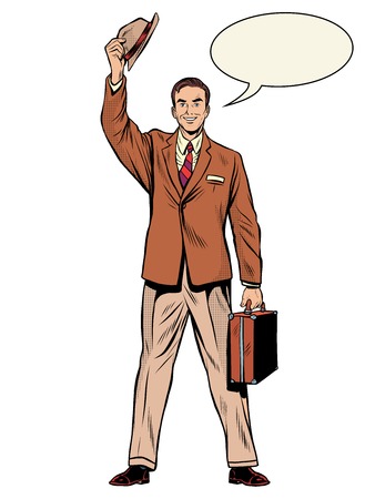Man businessman salesman pop art retro style. Pleasant meeting. Dad returned home. Retro businessのイラスト素材
