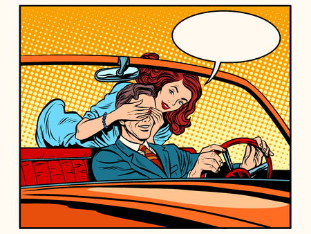 Girl playing with man driver pop art retro style. Dangerous driving. Joke. Woman and manのイラスト素材