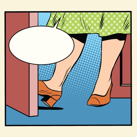 Retro woman holding the door open pop art retro style. The house and hospitality. Friendship and acquaintance. Women and relationshipsのイラスト素材