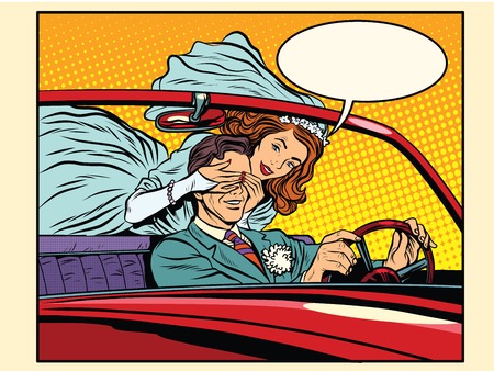 Wedding trip bride groom car pop art retro style.のイラスト素材