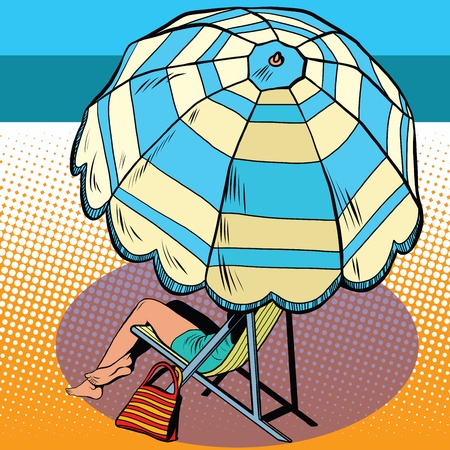 Girl under a beach umbrella vacation at sea pop art retro style. The travel and leisure. tourism and entertainment. A woman on a hot summer day.のイラスト素材
