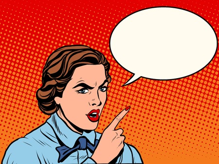 Attention serious girl pop art retro style. Angry retro lady. Beautiful girl angry. Woman pointing fingerのイラスト素材