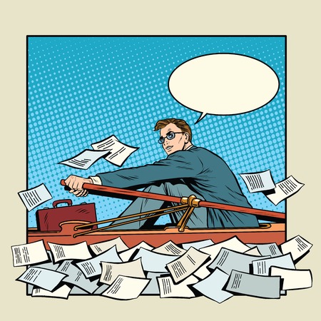 Businessman rower boat success paper pop art style retro. Business leader concept. Vector businessman. The man on the boatのイラスト素材