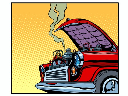 Broken car open hood engine smoke pop art retro style. A retro car. Transport and road. Insurance and accidentのイラスト素材