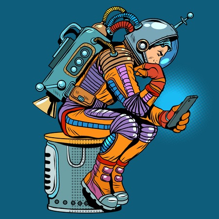 retro astronaut with a smartphone pop art retro style.