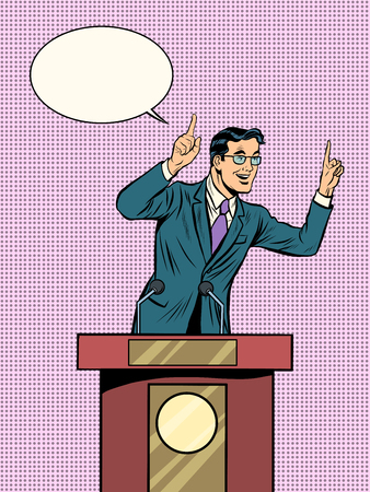 Emotional politician, electoral debates pop art retro style. Retro vector illustration. Man businessman speaking at the podium. Emotional speechのイラスト素材