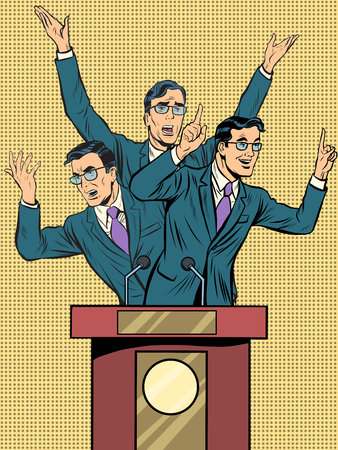 Emotional speaker at the podium pop art retro style. Policy and electoral debates. Retro vector illustrationのイラスト素材