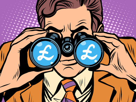 Monitoring the currency pound exchange rate pop art retro style. A man looks through binoculars. The trader on the exchangeのイラスト素材