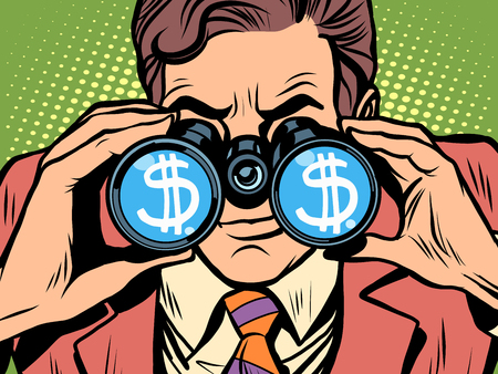 Monitoring the currency dollar exchange rate pop art retro style. A man looks through binoculars. The trader on the exchangeのイラスト素材