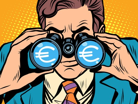 Monitoring the currency Euro exchange rate pop art retro style. A man looks through binoculars. The trader on the exchangeのイラスト素材