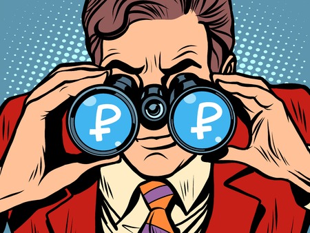 Monitoring ruble currency exchange rate pop art retro style. A man looks through binoculars. The trader on the exchangeのイラスト素材