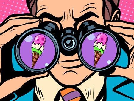 Man wants ice cream pop art retro style. Hunger and food. Man looking through binoculars. Heat and coolness. Sweets and dessertsのイラスト素材