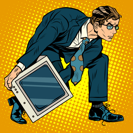 Computer tech weapon men pop art retro style. A man picks up a computer to throw it. Programmer and technologyのイラスト素材