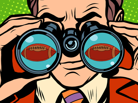 The man is watching American football pop art retro style. Hunger and food. Man looking through binoculars. A sports ball. Sporting goodsのイラスト素材