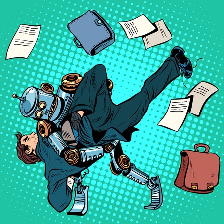 Fighting robot and human, artificial intelligence, new technologies pop art retro style. the business concept of technological progress and man place in the new worldのイラスト素材