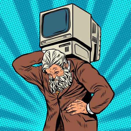 Antique Atlas strong man computer businessman pop art retro style. Greek image in the business. Mighty old man. Boss the head of the company. Computer business, programmingの写真素材