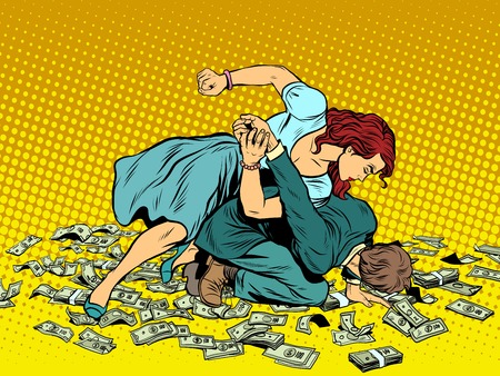 Woman beats man in fight for the money pop art retro style. Woman hits a man. Self defence women. Competition.のイラスト素材