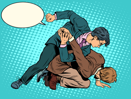 Men businessmen fighting pop art retro style. The classic struggle image of wrestling in the business today.のイラスト素材
