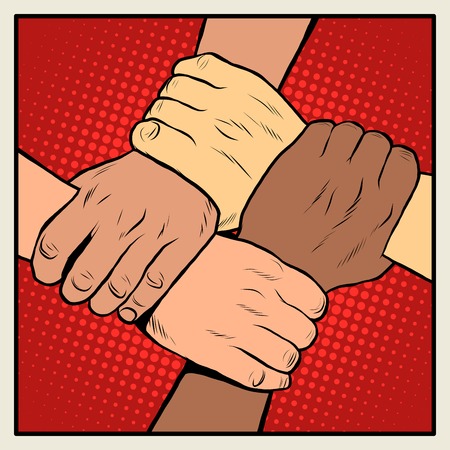 Handshake people of different nationalities and races pop art retro style. Stop fascism, stop racial...