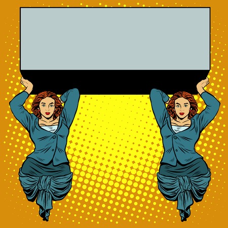 Businesswoman holding the caryatids balcony or a billboard pop art retro style. Ancient Greek myth. Vector illustration of strong womenのイラスト素材