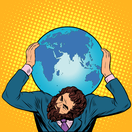 Atlas businessman holds the Earth on his shoulders pop art retro style. International Earth day. caring for the planet. ecology. responsible businessのイラスト素材