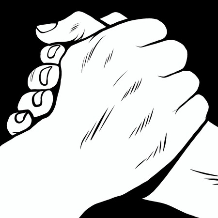 The handshake of solidarity hands pop art retro style. Armwrestling