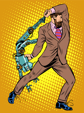 Cyclops businessman against a robot pop art retro style. Human vs artificial intelligenceのイラスト素材