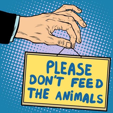 Hand sign please dont feed the animals pop art retro style. Lettering plate name text input.のイラスト素材