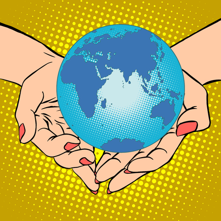 Planet Earth in hands pop art retro style. Earth day, environment Day. Ecology and nature. Female hands. Eurasia, Africa, Australia and Antarcticaのイラスト素材
