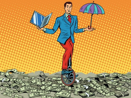 business concept money computer protection pop art retro style. Businessman balancing on unicycleの写真素材