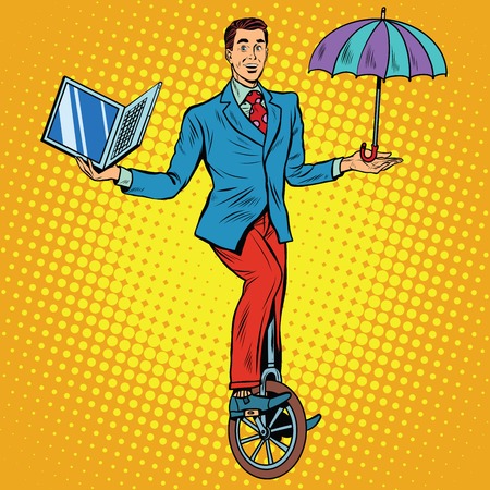 Businessman on unicycle business balance pop art retro style. Circus business concept. Protection laptop. Computer protection anti-virus programの写真素材