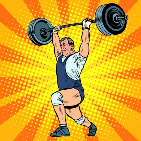 Weightlifting a weightlifter raises the bar pop art retro style. Summer sports games. Weightlifting, sports. A strongman raises weightのイラスト素材