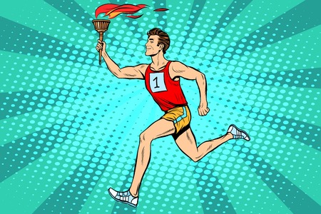 The man athlete torchbearer sports fire. Torch relay. Summer sports games. Vector athlete. pop art retro styleのイラスト素材