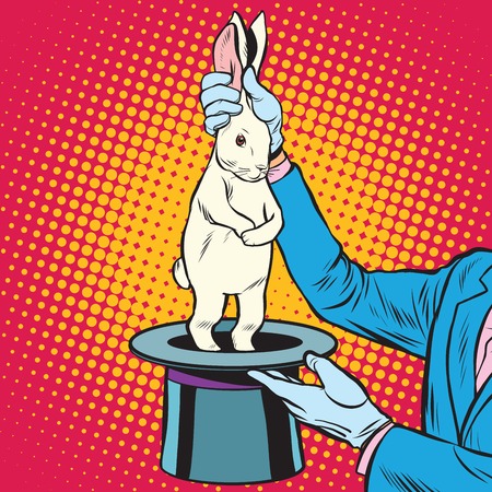 white rabbit in the magicians hands pop art retro style. Circus arts. Circus animalsのイラスト素材