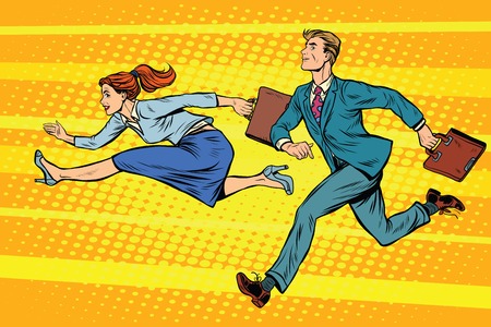 Businessman and businesswoman running competition pop art retro styleのイラスト素材