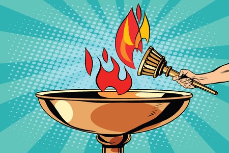 Fire torch bowl of fire pop art retro style. Antique fire. Sports fire. Vector torchのイラスト素材