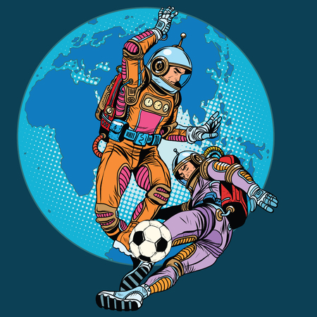 Football soccer match astronauts play pop art retro style. In zero gravity astronauts men play. Retro football. Future fantasy footballのイラスト素材