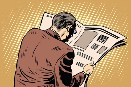 Businessman reading a newspaper pop art retro style. Financial and political news. Man the subscriber pressesのイラスト素材